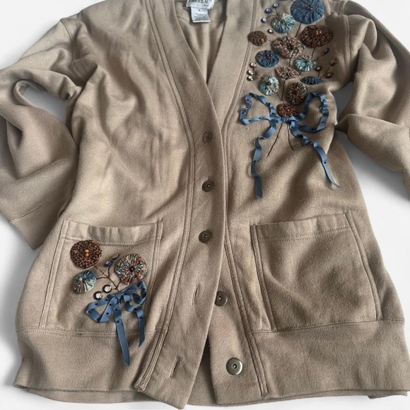 Vintage CARREAU Sport 3D Floral Sweatshirt Cardigan Jacket Bows Cottage Sz M - Picture 2 of 7